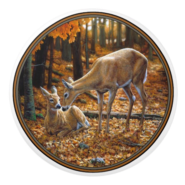 Pomo De Cerámica Whitetail Deer Doe y Fawn Otoño (Anverso)