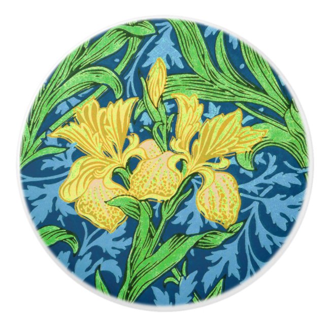 Pomo De Cerámica William Morris Irises, amarillo y azul cobalto (Anverso)