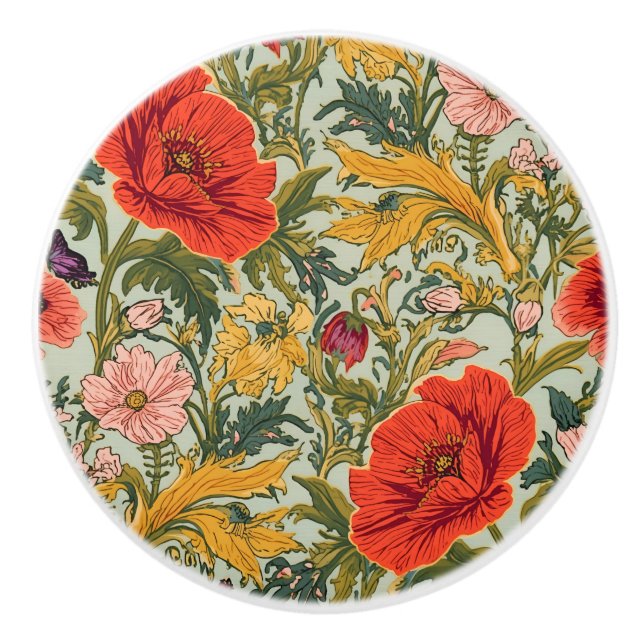 Pomo De Cerámica William Morris Poppies Floral Art Nouveau Pattern  (Anverso)