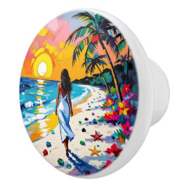 Pomo De Cerámica Woman on Beach Tropical Scene Personalized