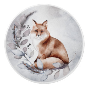 Pomo De Cerámica Woodland Fox Gray deja la acuarela de invierno