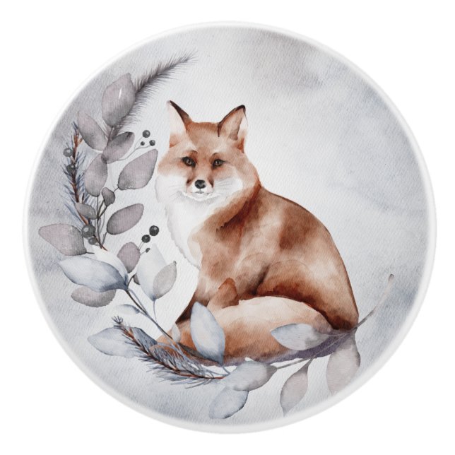 Pomo De Cerámica Woodland Fox Gray deja la acuarela de invierno (Anverso)