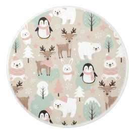 Pomo De Cerámica Woodland Whimsical Forest Animals Winter