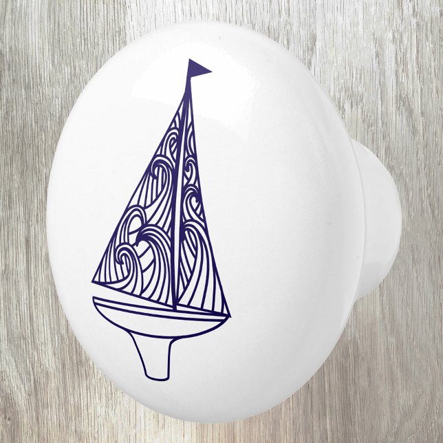 Pomo De Cerámica Yate de barco de vela náutico (Sailing boat yacht navy ble and white ceramic door pull or knob for boat, beach or lake house)