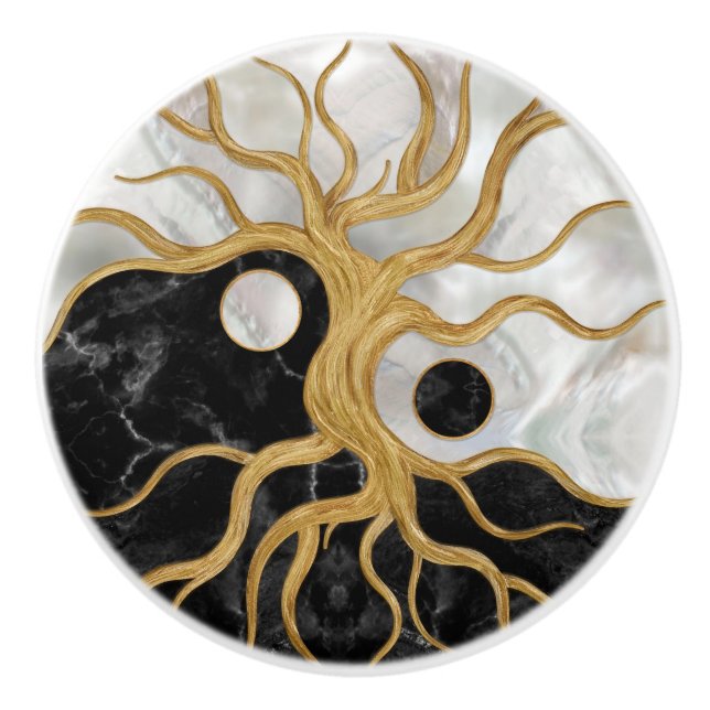 Pomo De Cerámica Yin Yang Tree - Marbles y oro (Anverso)