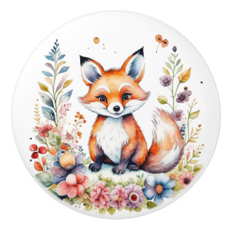 Pomo De Cerámica Zorro Bebé Dulce con Flores Criaturas del Bosque