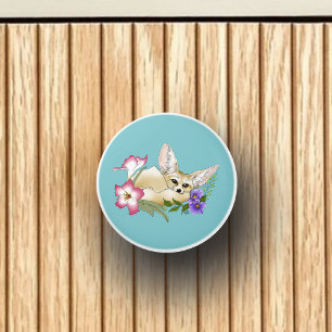 Pomo De Cerámica Zorro Fennec Flores Rosadas Purpura Lindas Botánic