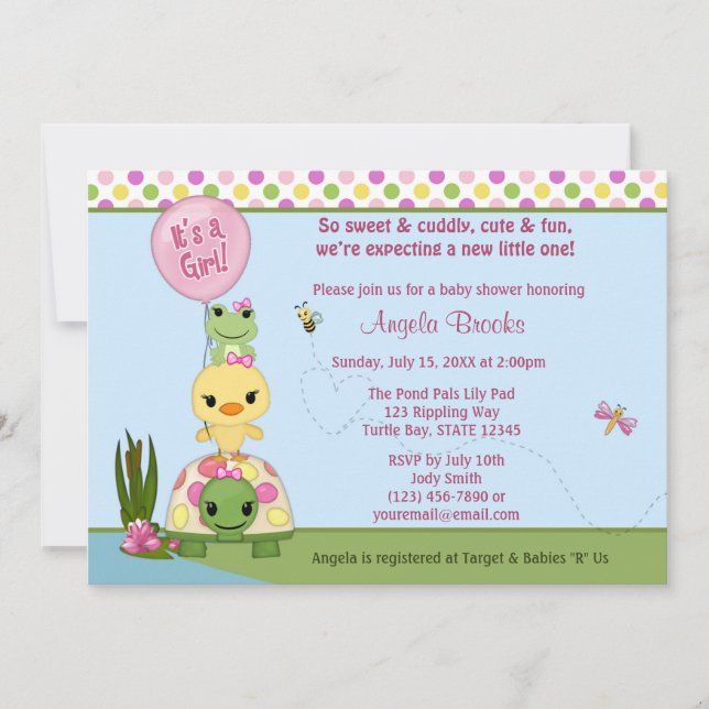 Pond Pals Baby Shower Invitación Pato CHICAS de ra (Anverso)