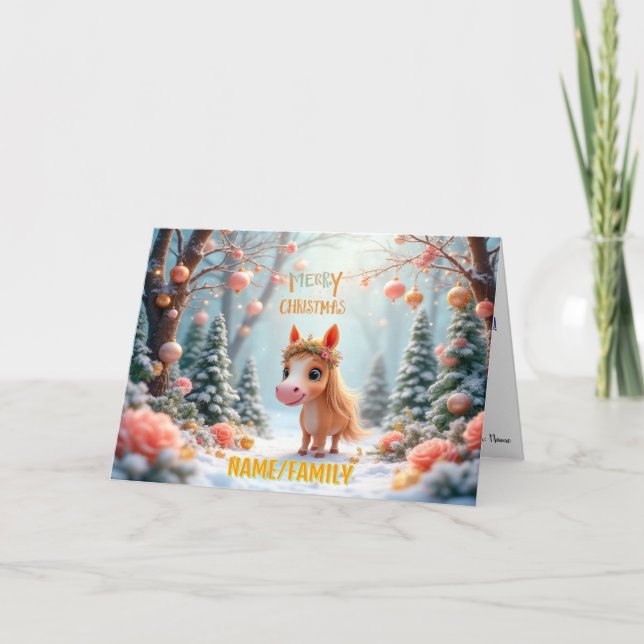 Poni de Navidad caprichoso en bosque nevado (Anverso)