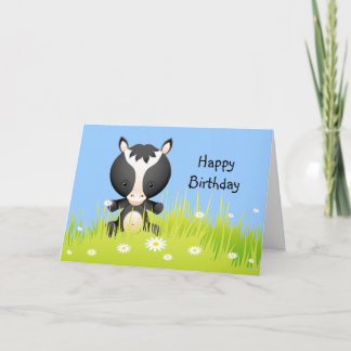 Pony de cumpleaños lindo en la tarjeta de campo