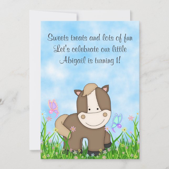 Pony y Butterflies Invitación al primer cumpleaños (Anverso)