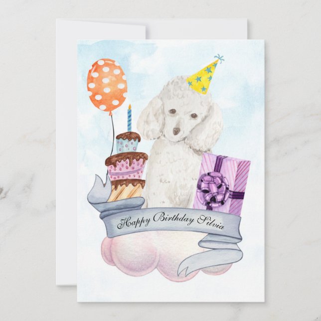 Poodle en una tarjeta de cumpleaños feliz para la  (Anverso)