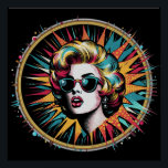 Pop Art Marilyn Glossy Poster<br><div class="desc">Un vibrante diseño de arte pop presenta a una mujer de estilo retro que usa gafas de sol,  rodeada por una ráfaga de coloridas líneas de estilo cómico. El uso audaz de cian,  magenta y amarillo crea una composición dinámica y energética.</div>