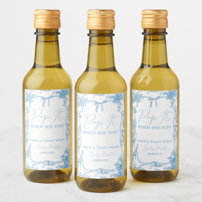 Pop It Blue White Toile de Jouy Bear Baby Shower (Botellas)
