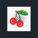 Popart Red Cherries en la impresión de lienzos de<br><div class="desc">Funky arte mural de frutas modernas,  estampado de cerezas rojas brillantes sobre puntos de media tonalidad negra. Debajo hay un texto personalizable para agregar nombres o comillas</div>