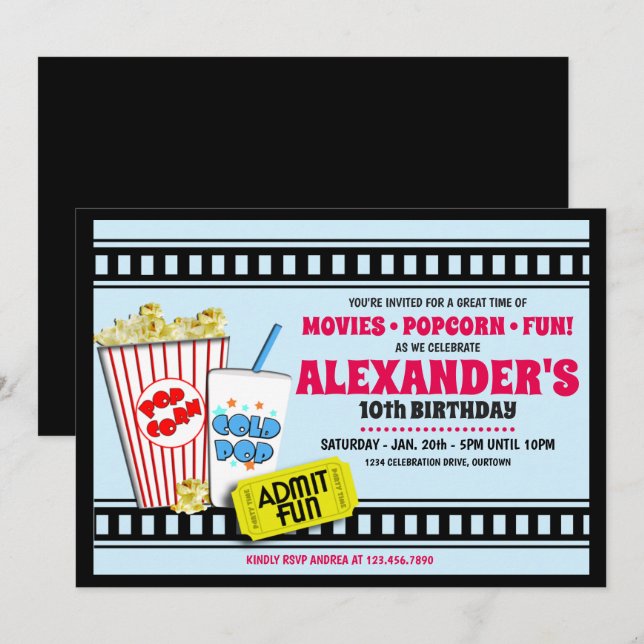 Popcorn y una invitación a la fiesta de cumpleaños (Anverso / Reverso)