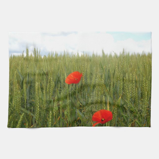 Poppies en una toalla de té de campo de trigo (Horizontal)