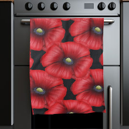 Poppies negros y rojos Patrón floral Cocina Toalla