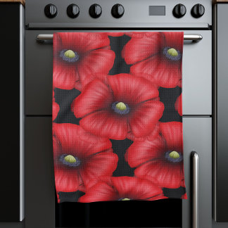 Poppies negros y rojos Patrón floral Cocina Toalla