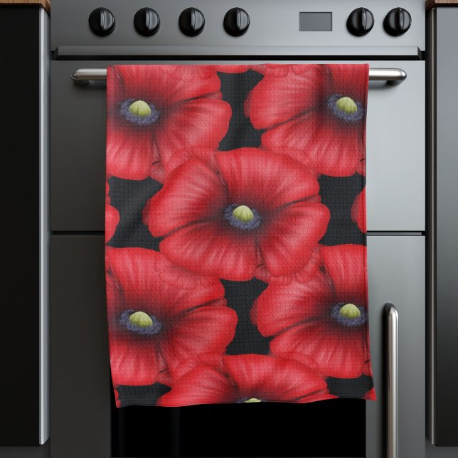 Poppies negros y rojos Patrón floral Cocina Toalla (Pop a poppy kitchen towel in your kitchen today! Makes a lovely housewarming gift or a treat for you)