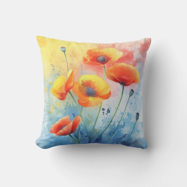 Poppies rojos - Almohada de acento floral acuarela (Anverso)