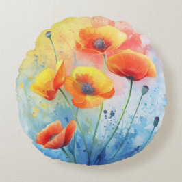 Poppies rojos - Cojín decorativo redondo acuarela