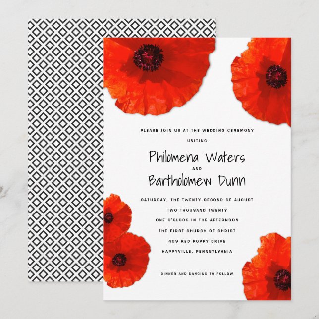 Poppies rojos Invitaciones a la boda blanca y negr (Anverso / Reverso)