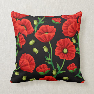 Poppies rojos sobre el Cojín decorativo negro