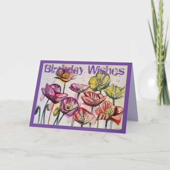 Poppies rosados acuarela y tarjeta de cumpleaños d (Anverso)