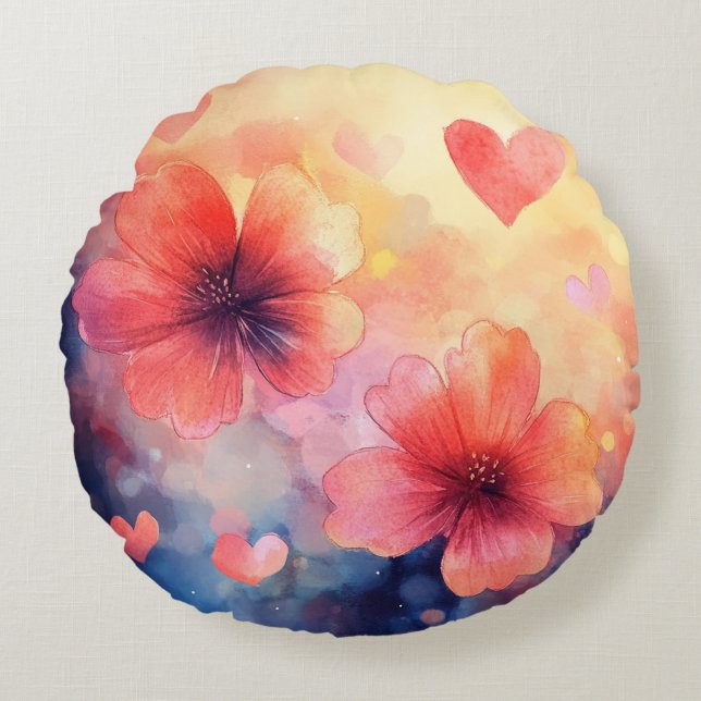 Poppies y Corazones - Almohada redonda acuarela (Anverso)