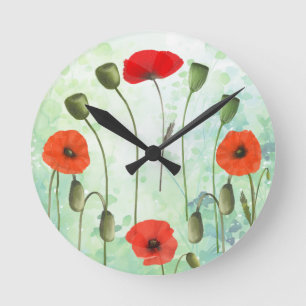 Poppies y vegetación reloj de pared
