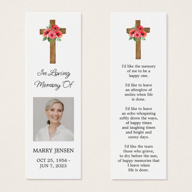 Poppy Cross Photo Funeral Bookmark (Anverso y reverso)