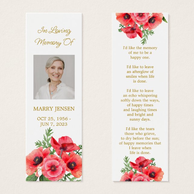 Poppy Floral Photo Funeral Memorial Bookmark (Anverso y reverso)