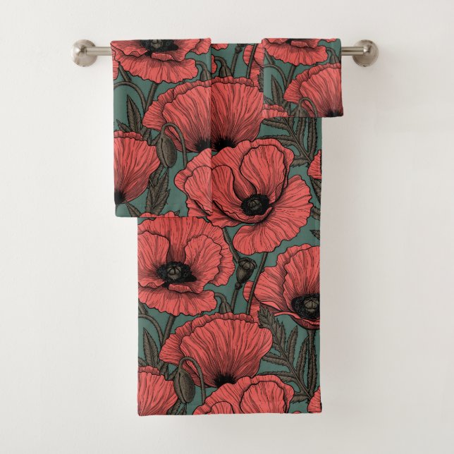 Poppy garden in coral, brown and pine green (In situ)