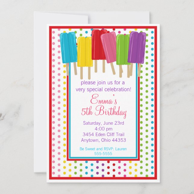 Popsicles y puntos de polka invitaciones de cumple (Anverso)