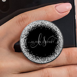 PopSocket Glam Black Silver Purpurina Monograma Nombre