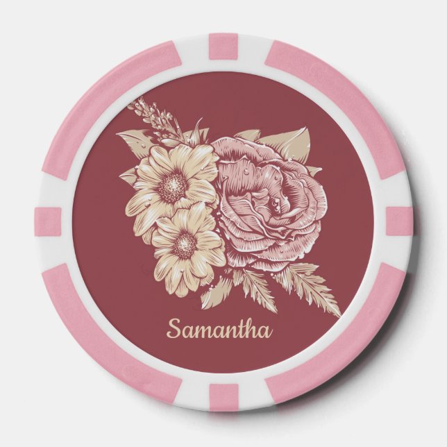 Póquer Ilustracion de flores nombre personalizado fichas  (Anverso)