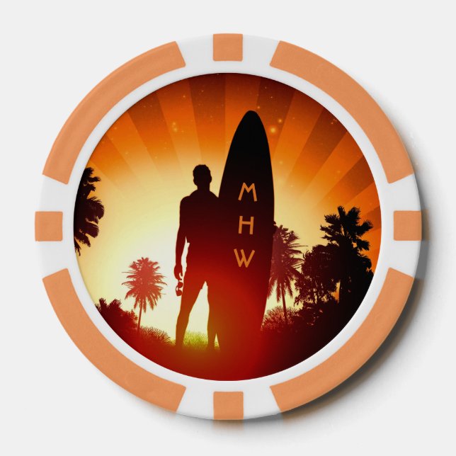 Póquer Surfer Sunset personalizado monograma fichas de pó (Anverso)