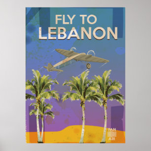Por aire a Líbano Póster de viaje vintage