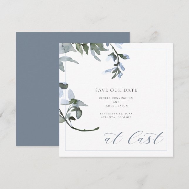 Por fin caligrafía floral azul Guardar tarjeta de  (Anverso / Reverso)