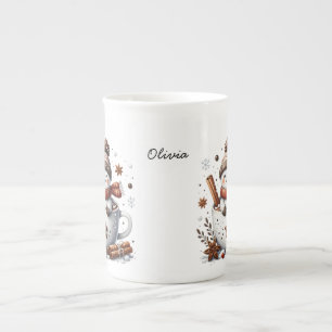 Porcelana Taza de cacao caliente con muñeco de nieve persona