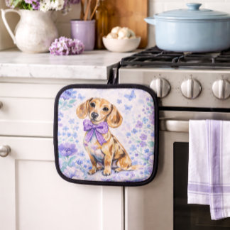 Porta Ollas Acuarela Dachshund Floral Púrpura