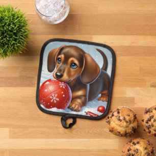 Porta Ollas Adorable Cachorro Dachshund Jugando Con Pelota Roj