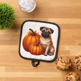 Porta Ollas Adorable Pug Sentado Junto a Calabazas y Hojas