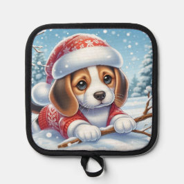 Porta Ollas Beagle Puppy en Navidades Enfrentados Con La Nieve