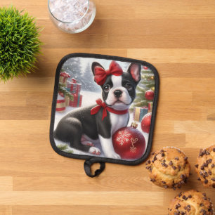 Porta Ollas Cachorro de Boston Terrier con adornos navideños