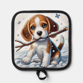 Porta Ollas Cachorro jugando en la nieve con palo en invierno