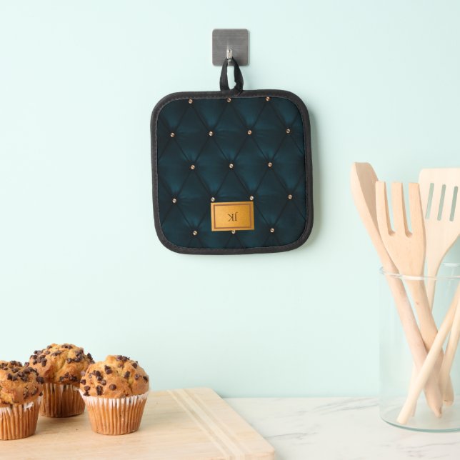 Porta Ollas Cuero verde elegante, diamantes, monograma (Insitu (colgante))