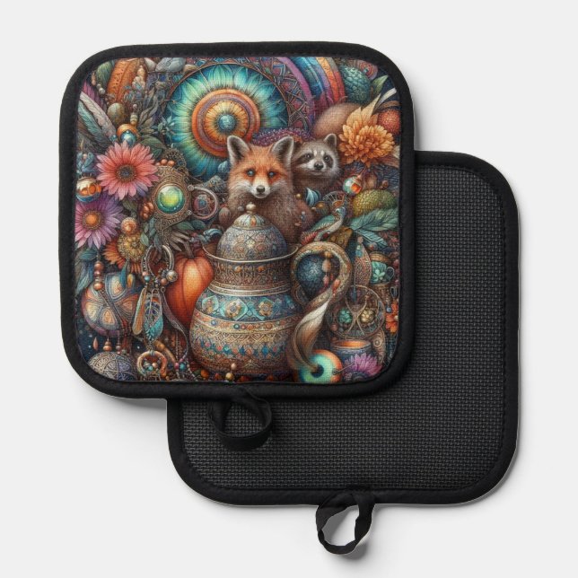 Porta Ollas Diseño floral de Boho Fox Raccoon (Anverso/Reverso)