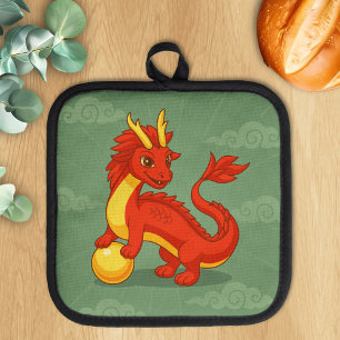 Porta Ollas Dragón Chino Rojo sobre Verde